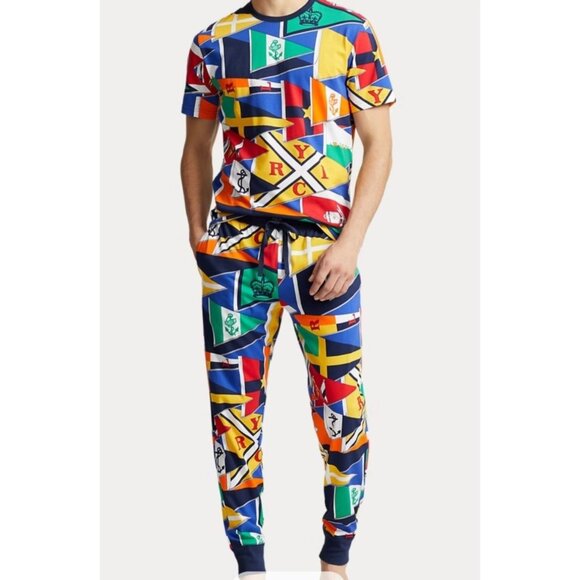NEW Ralph Lauren Burgee Flag Print Knit Pajama Shirt Pant Set Mens Medium - Picture 2 of 11